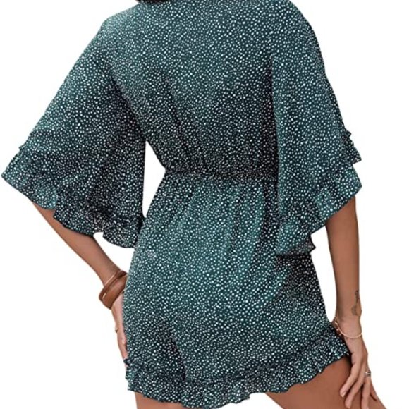 SheIn Women's V Neck Ruffle Half Sleeve Romper Tie Front Dalmatian Short Romper - Picture 2 of 2